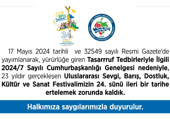 Kdz. Ereğli Sevgi, Barış, Dostluk Festivali İptal Edildi